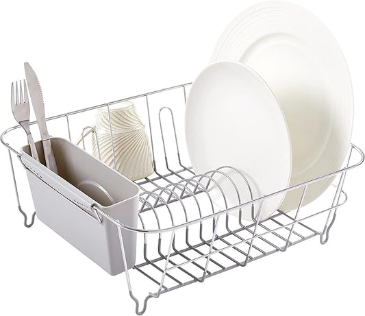 Dish Drying Rack & Cutlery Holder 2 Piece Set - Compact Sink-Fitting Dish Drainer with Rubberized Undercoating, Space-Saving Kitchen Organizer for Plates, Cups, Bowls & Utensils in Sink, Silver by SweetHomeCollection
