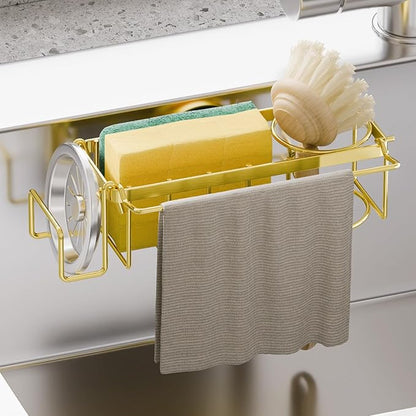 TAILI Sponge Holder with Strong Suction Cup, 4-in-1 Rustproof Sink Organizer - Sink Caddy Holds Sponges, Brushes, Stoppers & Scrapers -Gold by TAILI