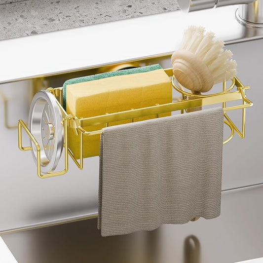 TAILI Sponge Holder with Strong Suction Cup, 4-in-1 Rustproof Sink Organizer - Sink Caddy Holds Sponges, Brushes, Stoppers & Scrapers -Gold by TAILI