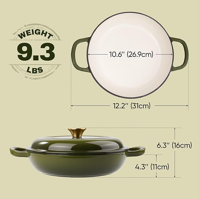 3 Quart Enameled Cast Iron Braiser, Non Stick Enameled Cast Iron Skillet with Lid, Dutch Oven Skillet with lid up to 500°F for Oven, Stove, Grill, Shallow Dutch Oven for Cook, Bake (Golden Green)
