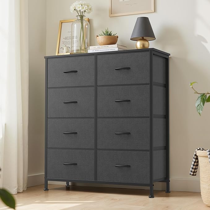 Sweetcrispy Dresser for Bedroom, Fabric Dresser with 8 Drawers, Chest of Drawers for Closet, Living Room, Sturdy Steel Frame, Wooden Top, Easy Pull Handle, Ash