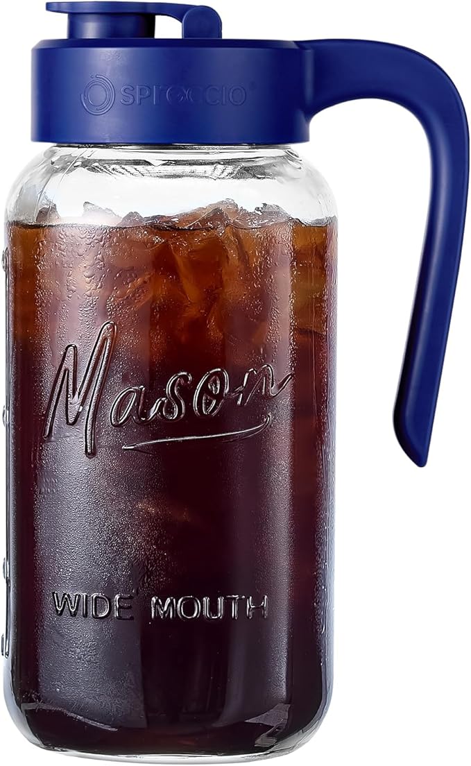 Mason Jar Pitcher - Airtight & Leakproof Glass Pitcher with Lid, Perfect for Breastmilk, Cold Brew, and Sun Tea, 2 Quart (64 oz) Mason Jar with Pour Spout Lid by spreccio