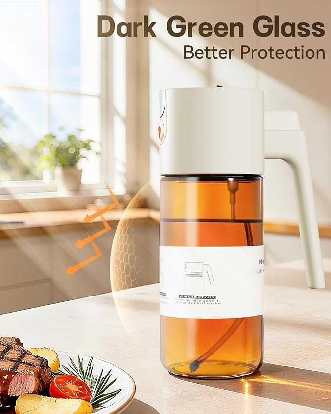 OURCABECUE Upgrade 2 in 1 Oil Sprayer for Cooking, 17oz Light-Blocking Glass Olive Oil Dispenser Bottle for Kitchen,Food-Grade Oil Mister with 8 Stickers for Salad, Frying (Brown Bottle-White Cap) - Image 2