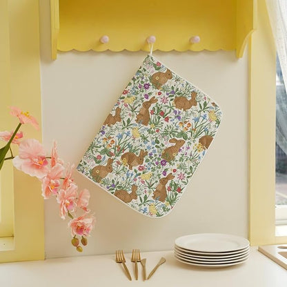 Spring Easter Dish Drying Mat 18 x 24 inch Vintage Rabbit Bunny Decorative Drying Mats Microfiber Absorbent Floral Dish Washable Draining Mat for Kitchen Counter Decor