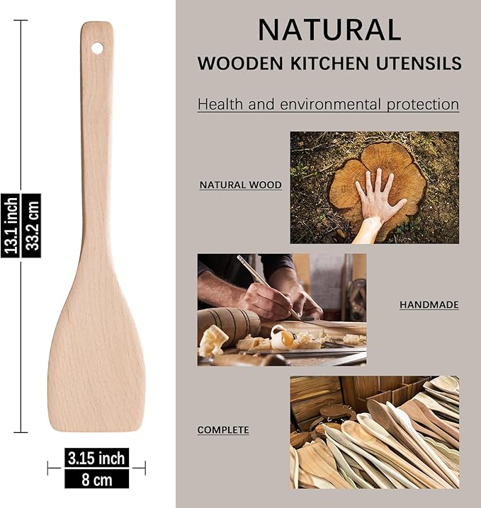 2PCS Wooden Spatulas for Cooking, 13inch Uncoated Beech Wood Turners for Frying, Non-Scratch Wood Flat Spurtle for Pan & Wok, Wooden Cooking Utensils for Non Stick Cookware, Long Handle Scraper - Image 3