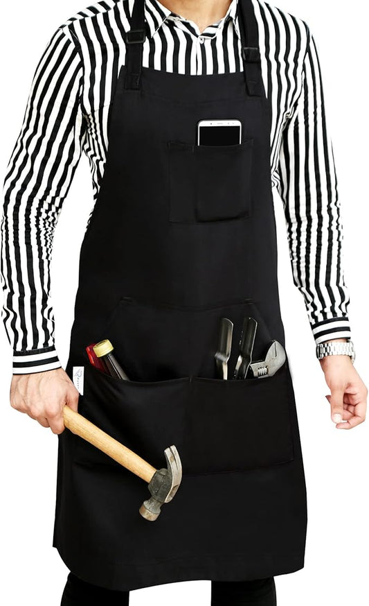 RUVANTI Work Aprons for Men/Women with Pockets - Adjustable up to XXL - Professional Grade Durability - Black Apron for Barber, Chef, BBQ, Kitchen, Cleaning - 1 Pack