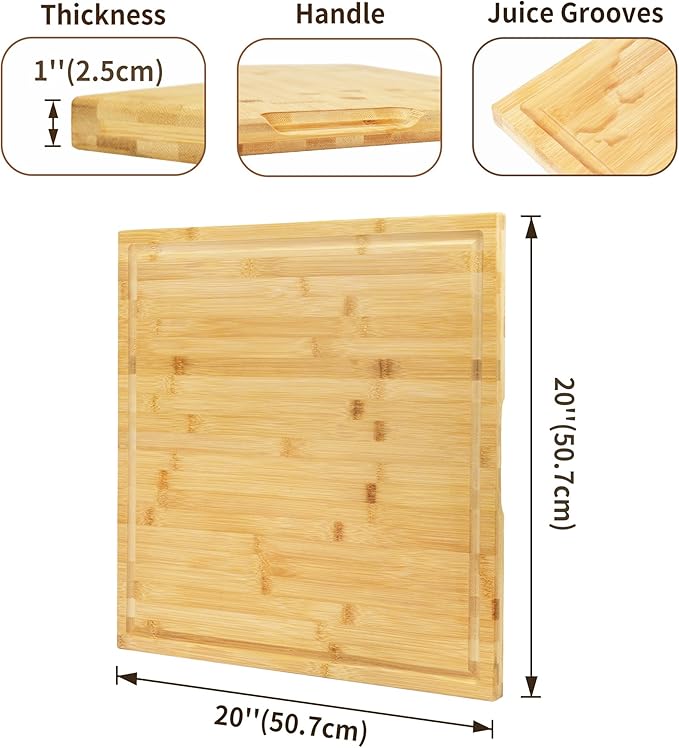 Utoplike Bamboo Cutting Board 20 x 20 inch, Large Wood Chopping Board for Kitchen, Meat, Vegetables, BBQ, Square Butcher Block with Juice Groove and handle, 1"Th