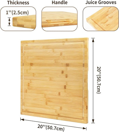 Utoplike Bamboo Cutting Board 20 x 20 inch, Large Wood Chopping Board for Kitchen, Meat, Vegetables, BBQ, Square Butcher Block with Juice Groove and handle, 1"Th