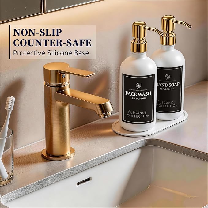 White Glass Soap Dispenser Set of 2, 16oz Hand and Dish Soap Dispenser for Kitchen & Bathroom, Gold Stainless Steel Pump, Non-Slip Base, 14 Waterproof Labels, Contemporary Style - Image 4