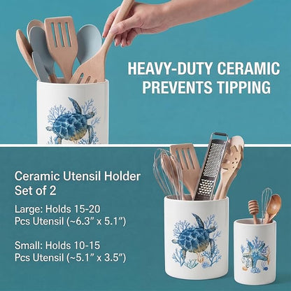 Bokon 2 Pack Ceramic Utensil Holder 6.3" + 5.1" Ocean Theme Coastal Kitchen Crocks for Countertop Storage, Sea Turtle & Starfish Design, Decorative Utensil Organizer for Beach House Decor
