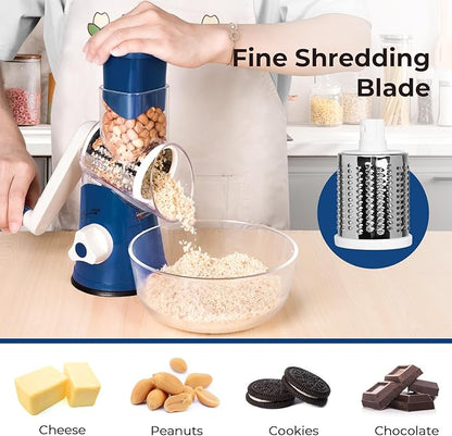 X Home Rotary Cheese Grater for Kitchen, Shredder with 3 Interchangeable Blades, Rotary Grater with Handle and Strong Suction Base, for Vegetables, Fruit, Nuts, Easy to Use and Clean, Dark Blue - Image 4