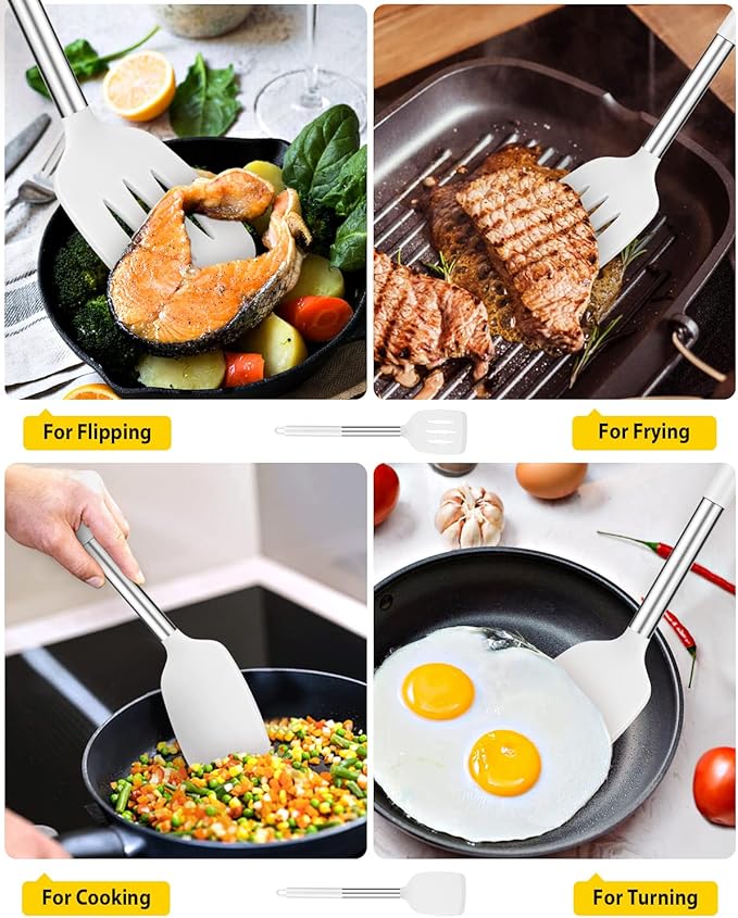Pack of 2 Silicone Solid Turner, Non Stick Slotted Kitchen Spatulas, High Heat Resistant BPA Free Cooking Utensils, Ideal Cookware for Fish, Eggs, Pancakes(White) - Image 3