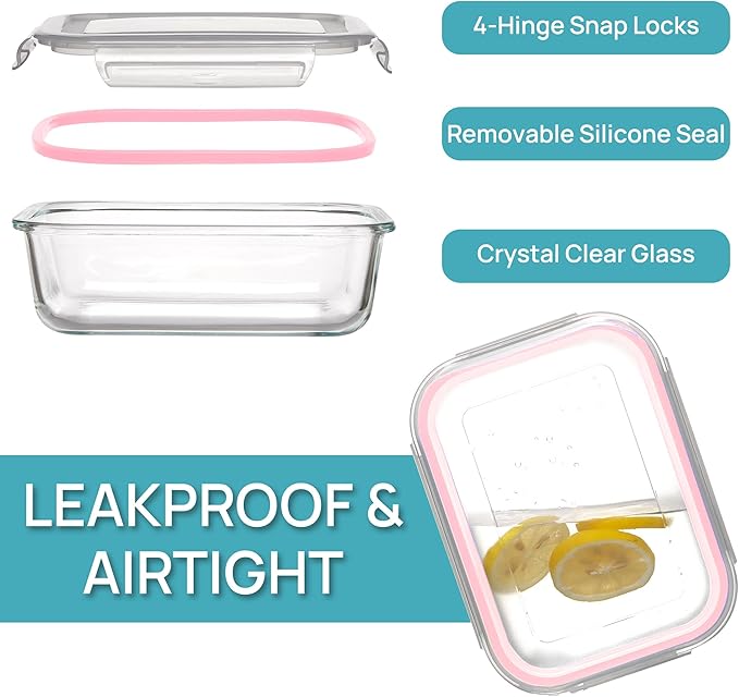 Vtopmart 5Pack 22oz Glass Storage Containers with Lids, Glass Meal Prep Food Container Sets with Snap Airtight Lids for Microwave, Oven, Freezer and Dishwasher, Pink - Image 6