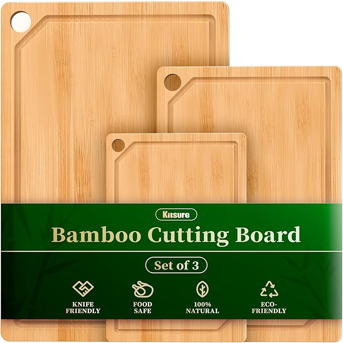 Kitchen Cutting Board Set - 3-Piece Wooden Cutting Boards for Kitchen with Juice Groove, Handles, Hang Holes, Stylish Kitchen Essentials for Chpping & Serving, Natural, 0.4"Th - (L+M+S) by Kitsure