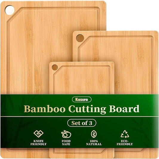 Kitchen Cutting Board Set - 3-Piece Wooden Cutting Boards for Kitchen with Juice Groove, Handles, Hang Holes, Stylish Kitchen Essentials for Chpping & Serving, Natural, 0.4"Th - (L+M+S) by Kitsure