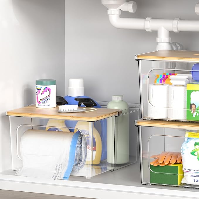 iCASA Trash Bag Dispenser Under Sink Organizer, 2-in-1 Acrylic Trash Bags Holder with Bamboo Lid, Holds Large Rolls up to 100 Count, Garbage Bag Storage Container for Kitchen, Pantry, Laundry Room - Image 5