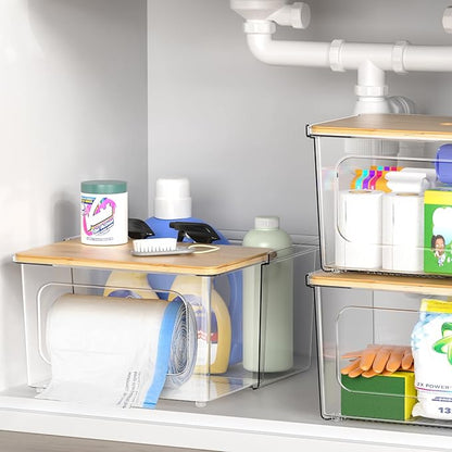iCASA Trash Bag Dispenser Under Sink Organizer, 2-in-1 Acrylic Trash Bags Holder with Bamboo Lid, Holds Large Rolls up to 100 Count, Garbage Bag Storage Container for Kitchen, Pantry, Laundry Room - Image 5