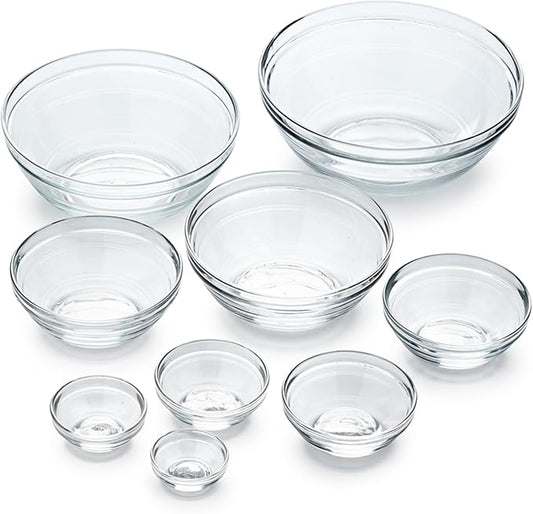 Duralex Le Gigogne Glass Mixing Bowl Set – 9-Piece Clear Stackable Prep Bowls Made of Durable Glass