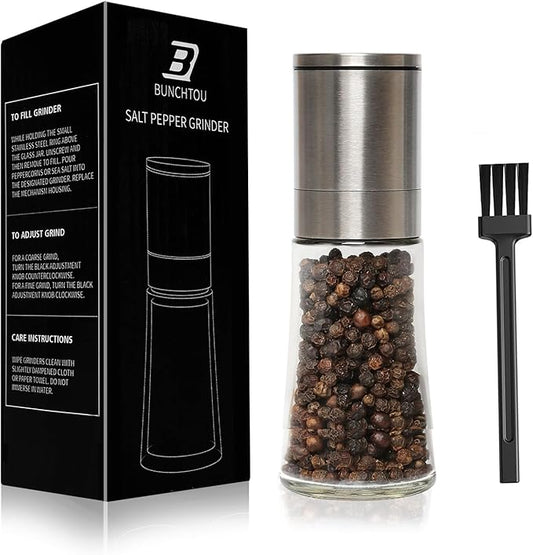 Original Stainless Steel Pepper Grinder or Salt Mill 1pk - Coarseness Adjustable Sea Salt Grinder or Pepper Mill Grinder - Small Manual Salt Pepper Shakers with Glass Container by Bunchtou