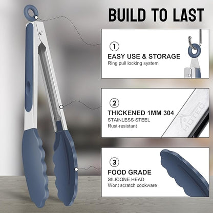 HOTEC Premium Stainless Steel Locking Kitchen Tongs with Silicon Tips, Set of 3-7", 9" and 12" (Dusty Blue) - Image 4