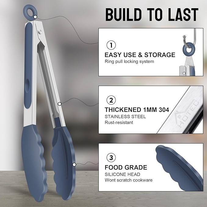 HOTEC Premium Stainless Steel Locking Kitchen Tongs with Silicon Tips, Set of 2-9" and 12",Dusty Blue - Image 4