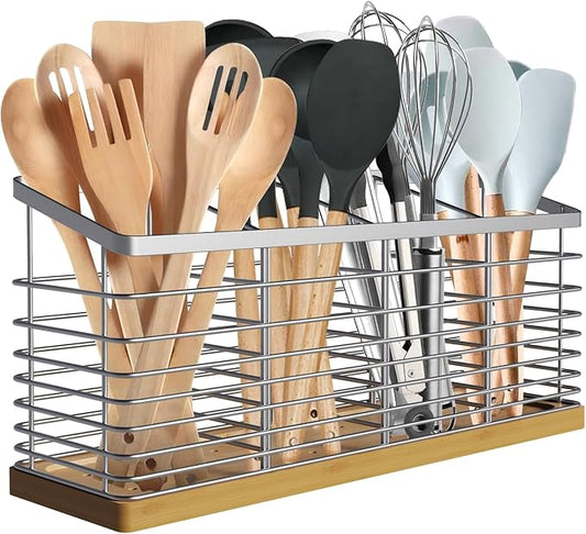 Suli Extra Large Kitchen Utensil Holder with 4 Compartments，Metal holder with Wooden Base for Kitchen Countertop，Farmhouse Cooking Utensil Storage, Rustic Cooking Utensil,Silvery by Suli
