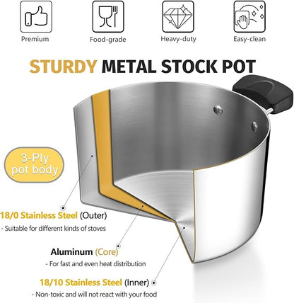 4 Quart 3-Ply Cooking Stock Pot with Lid, P&P CHEF Stainless Steel Large Pot for Pasta Soup, Work on Multi Stove, Heavy Duty & Dishwasher Safe, Dual Heat-resistant Handles & Transparent Glass Lid - Image 4