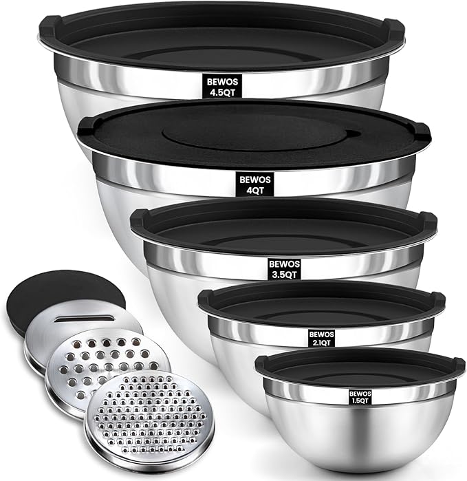 BEWOS Mixing Bowls with Lids Set - 5 Pcs Stainless Steel Mixing Bowls With 3 Grater Attachments, Size 4.5, 4, 3.5, 2.1, 1.5QT Metal Bowls for Baking and Serving (Black) by BEWOS