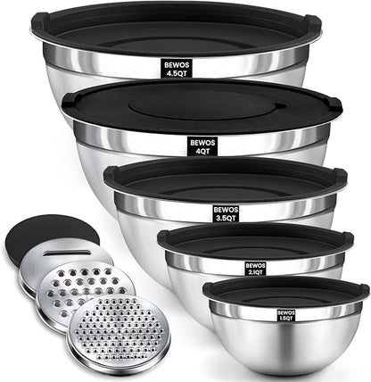 BEWOS Mixing Bowls with Lids Set - 5 Pcs Stainless Steel Mixing Bowls With 3 Grater Attachments, Size 4.5, 4, 3.5, 2.1, 1.5QT Metal Bowls for Baking and Serving (Black) by BEWOS