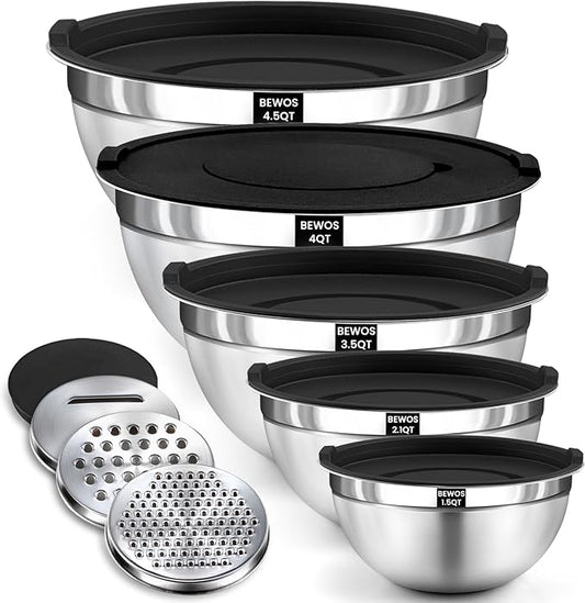 BEWOS Mixing Bowls with Lids Set - 5 Pcs Stainless Steel Mixing Bowls With 3 Grater Attachments, Size 4.5, 4, 3.5, 2.1, 1.5QT Metal Bowls for Baking and Serving (Black) by BEWOS