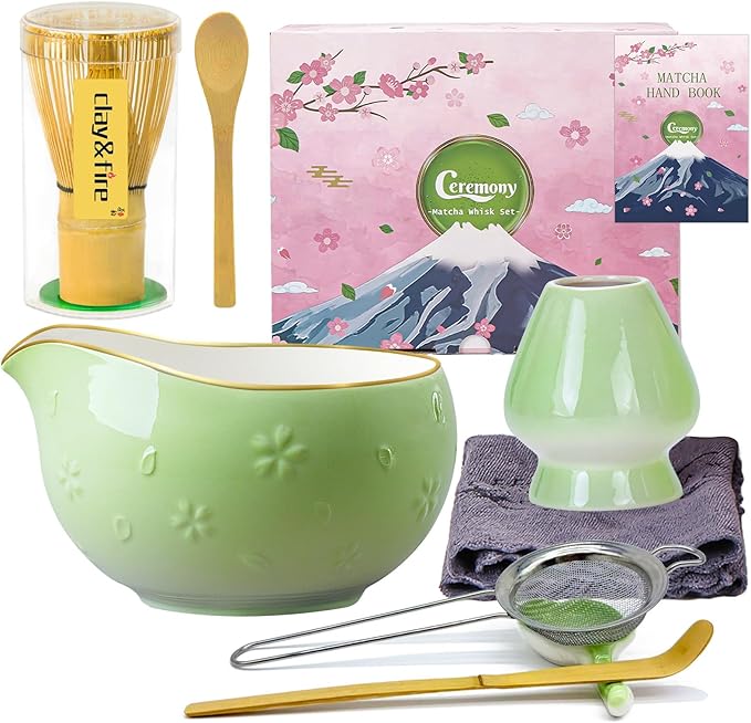 Clay&Fire Matcha Whisk Set, 9 pcs Ceramic Matcha Set, Gifts for Women,Matcha Bowl with Spout and Whisk, Matcha Kit for Matcha Lovers, Ideal Gift Christmas, Birthday, Anniversary (Cherry Bloom-Green) by FocusonMatchaWhiskSet
