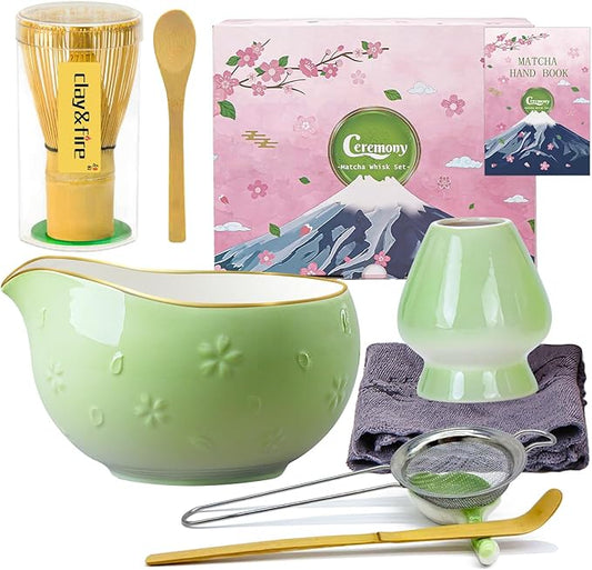 Clay&Fire Matcha Whisk Set, 9 pcs Ceramic Matcha Set, Gifts for Women,Matcha Bowl with Spout and Whisk, Matcha Kit for Matcha Lovers, Ideal Gift Christmas, Birthday, Anniversary (Cherry Bloom-Green) by FocusonMatchaWhiskSet