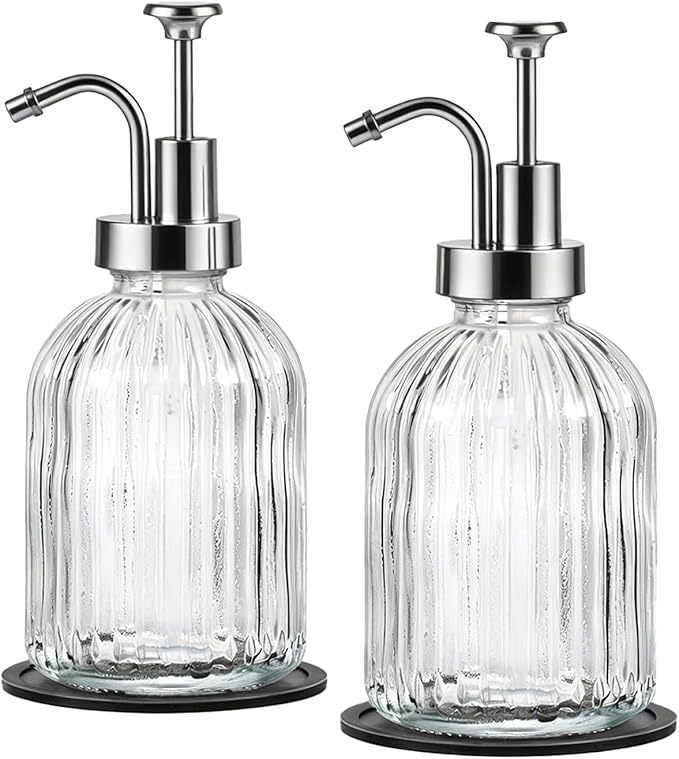 SheeChung Clear Glass Soap Dispenser, 12 Oz Liquid Hand Soap Dispenser with Pump, Refillable Lotion Dish Soap Dispenser for Kitchen, Stripes Shampoo Bottle, Bathroom Countertop (Silver Pump, 2 Pack)