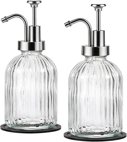 SheeChung Clear Glass Soap Dispenser, 12 Oz Liquid Hand Soap Dispenser with Pump, Refillable Lotion Dish Soap Dispenser for Kitchen, Stripes Shampoo Bottle, Bathroom Countertop (Silver Pump, 2 Pack)