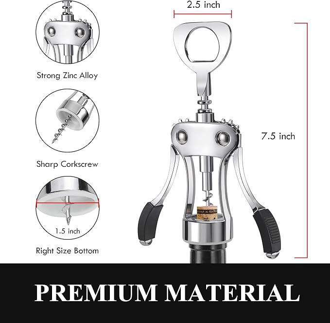 KORCCI Multifunctional Wine Bottle Opener Gift Set - Heavy-Duty Zinc Alloy Wing Corkscrew, Foil Cutter, Vacuum Stopper & Aerator Pourer for Kitchen, Bar, Restaurant, Bartenders - Image 3