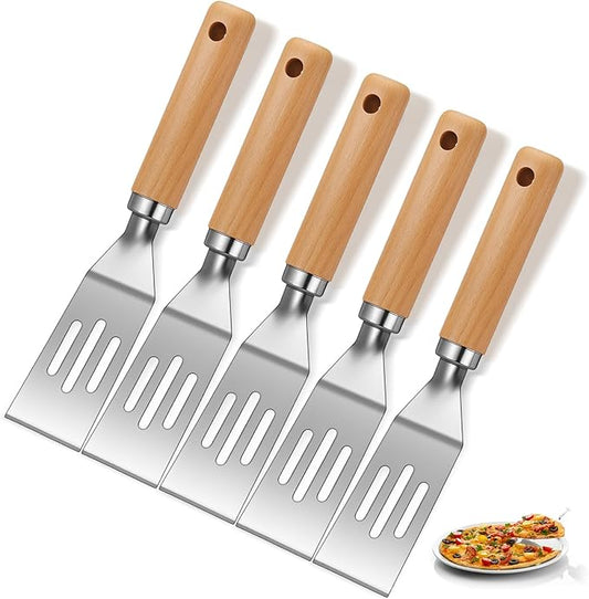 Patelai 5 Pack Small Spatula Mini Serving Brownie Spatula for Serving and Flipping Cooking Pancakes Desserts Cookie Eggs Lasagna (Slotted,Wooden Handle)