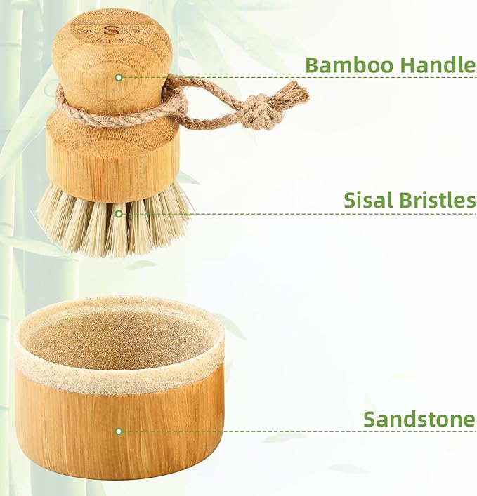 SUBEKYU Bamboo Dish Brush Set with Soap Holder, Wooden Dish Scrubber with Soap Dispenser, Natural Kitchen Scrub Brush, Washing Pot/Pans/Cast Iron, 2 Pack, Sisal Bristles - Image 5