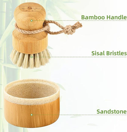 SUBEKYU Bamboo Dish Brush Set with Soap Holder, Wooden Dish Scrubber with Soap Dispenser, Natural Kitchen Scrub Brush, Washing Pot/Pans/Cast Iron, 2 Pack, Sisal Bristles - Image 5
