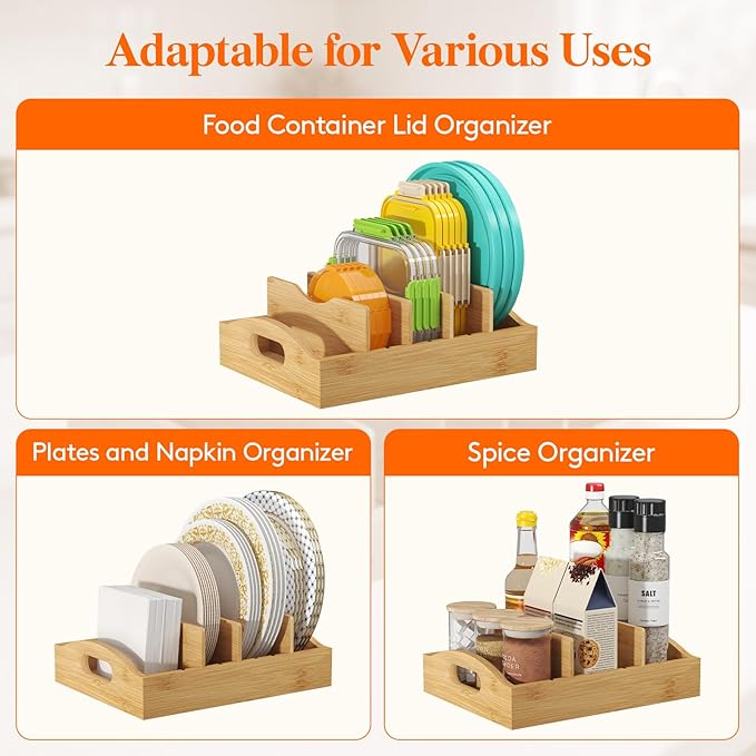 Lifewit Bamboo Lid Organizers for Inside Cabinet, Food Storage Container Lid Holder with 4 adjustable Inserts & 5 Sections, Kitchen Pantry organizer and storage, 10.6" X 8.3" - Image 5