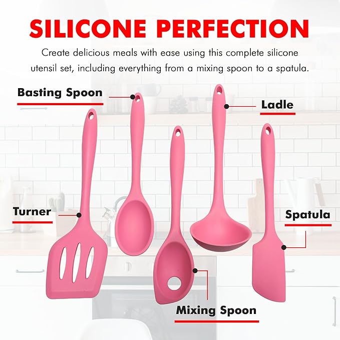 Chef Craft - Premium Silicone Kitchen Tools and Utensils Set, Non-Scratch, Withstands Temperatures up to 450°F, BPA-Free, 5 Piece Cooking Utensils Set, Pink - Image 4