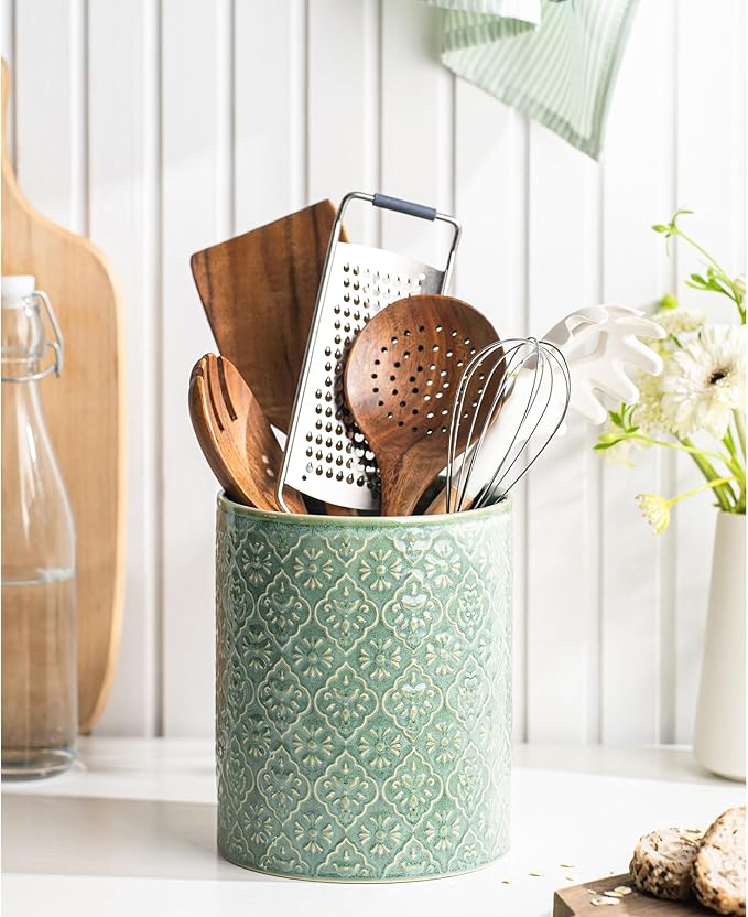 Kitchen Utensil Holder, 6x7 inch Large Ceramic Utensil Holder with Embossed Pattern, Cooking Utensil Crocks for Kitchen Countertop, Home Decor, Forest Green - Image 3