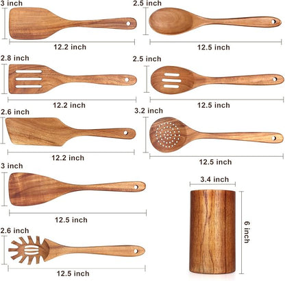 9 Pcs Wooden Spoons for Cooking Utensils with Utensil Holder Teak Wood Kitchen Utensils Set Flat Wooden Spatula Cooking Mixing Spoons Spaghetti Spoon Slotted Turner Scraper Spatula Large Utensils - Image 2