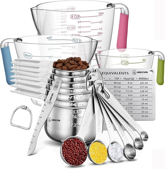 AIKEXIN 20-Piece Measuring Cups and Spoons Set, Nesting Stainless Steel Measuring Cups Spoons with Plastic Measuring Cup for Dry and Liquid Ingredients, Kitchen Cooking & Baking Gadgets by AIKEXIN