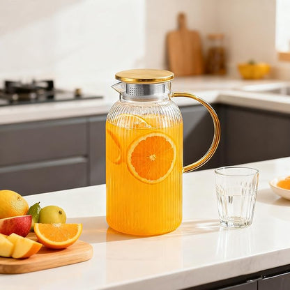 2 PACK Glass Pitcher with Lid, 68oz/2Liter Borosilicate Glass Water Pitcher, Heat Resistant Vertical Striped Water Carafe for Iced Tea, Fruit Tea, and Hot Beverages, Dishwasher Safe