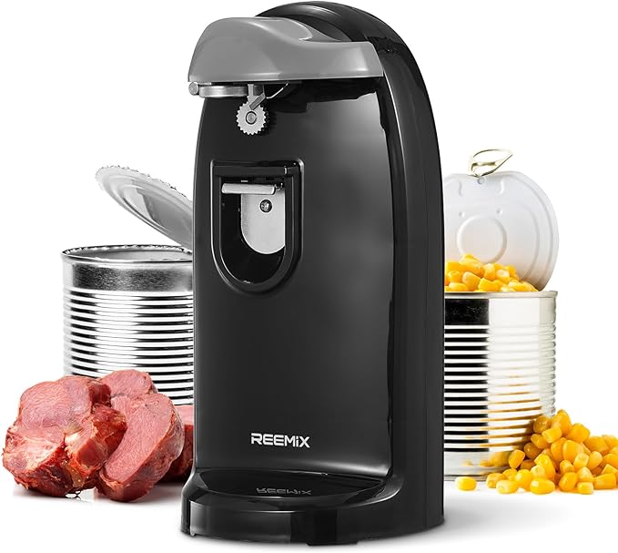 Reemix Electric Can Opener, One-Touch Operation, Knife Sharpener and Bottle Opener 3 in 1, Easy Clean Kitchen Tool for Home Use, Automatic Can Opener, Black