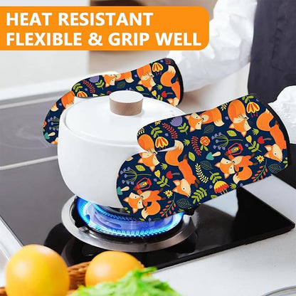 Cute Fox Oven Mitts and Pot Holders Sets 4Pcs,Extra Long Oven Gloves Potholder for Kitchen Cooking Baking BBQ 100% Cotton Heat Resistant - Image 6