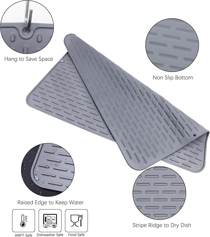 To encounter Silicone Dish Drying Mat - Extral Large 24" x 18" - Set of 2 Flexible Rubber Drying Mat, Heat Resistant Silicone Trivet, Countertop Mat, Dish Draining Mat, Sink Mat - Image 2