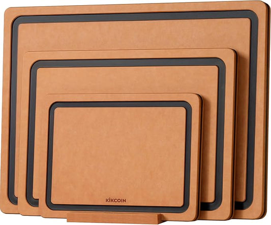 Kikcoin Wood Cutting Board Set of 3, Cutting Boards for Kitchen with Holder Dishwasher Safe Non-slip Chopping Board with Juice Groove, Wood Fiber Composite Cutting Boards by Kikcoin