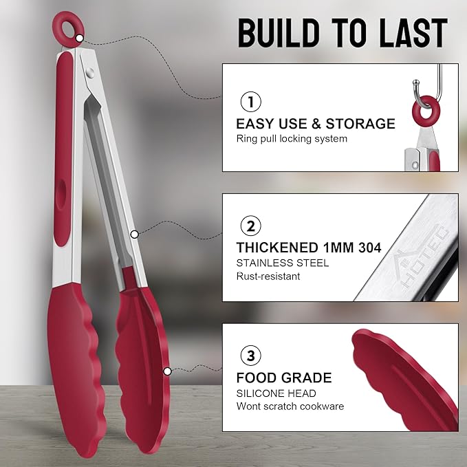 HOTEC Premium Stainless Steel Locking Kitchen Tongs with Silicon Tips, Set of 3-7", 9" and 12" (Red) - Image 4