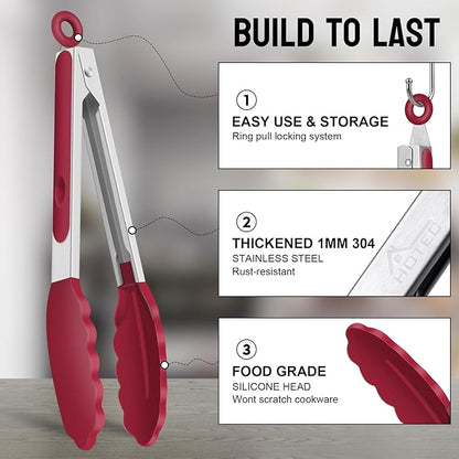 HOTEC Premium Stainless Steel Locking Kitchen Tongs with Silicon Tips, Set of 3-7", 9" and 12" (Red) - Image 4